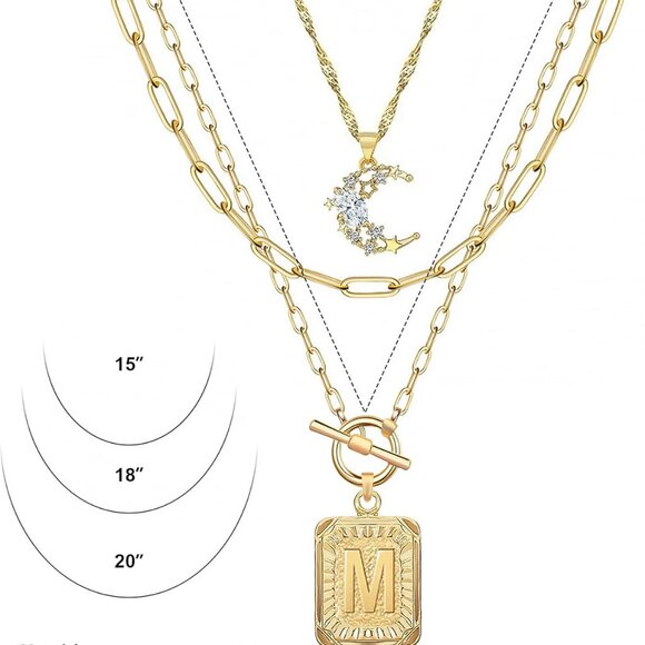 Layered Initial Necklaces Women 14K Gold Plated Brass Moon Square Pendants - Picture 5 of 9